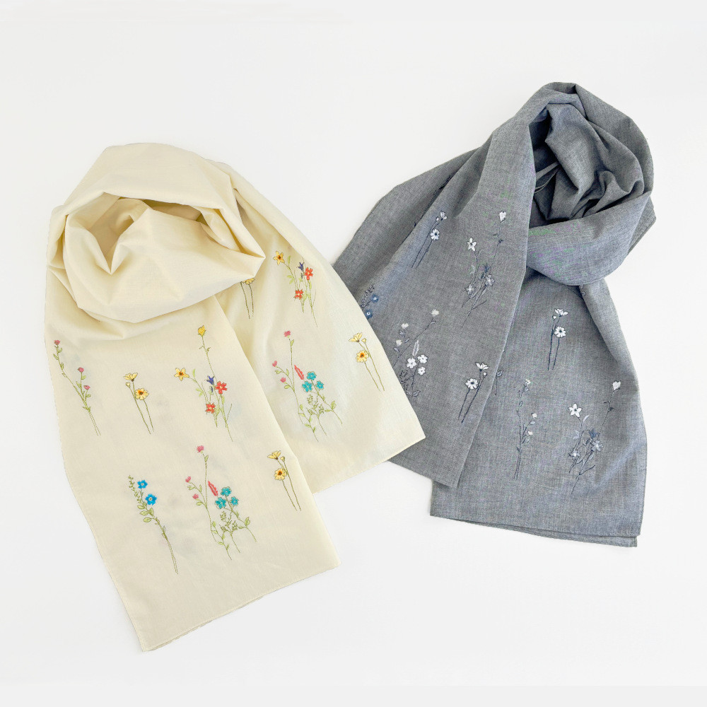 フラワー刺繍ストール 綿麻スラブ オーガニックコットン