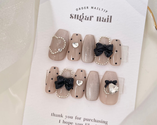 ネイルチップ 韓国ネイル リボンネイル ドット ワンホンネイル ハート