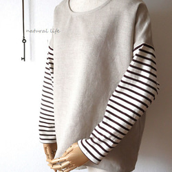 秋限定♥リネン×ボーダニット袖のプルオーバー（生成り） 6枚目の画像