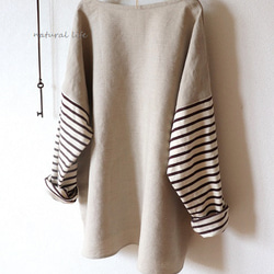 秋限定♥リネン×ボーダニット袖のプルオーバー（生成り） 5枚目の画像