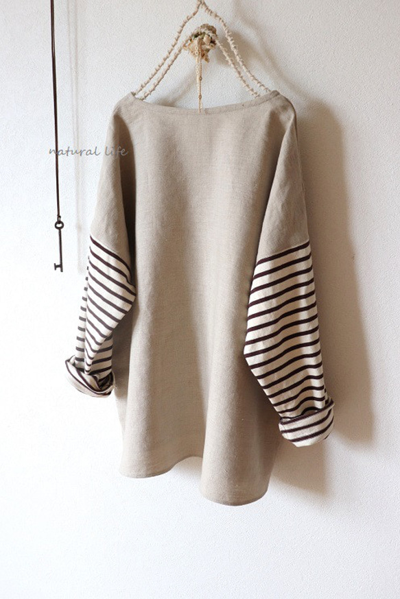 秋限定♥リネン×ボーダニット袖のプルオーバー（生成り） 5枚目の画像