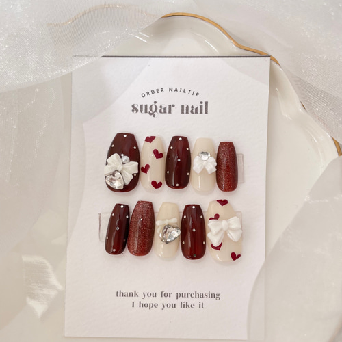 ネイルチップ 韓国ネイル リボンネイル ドット ワンホンネイル ハート