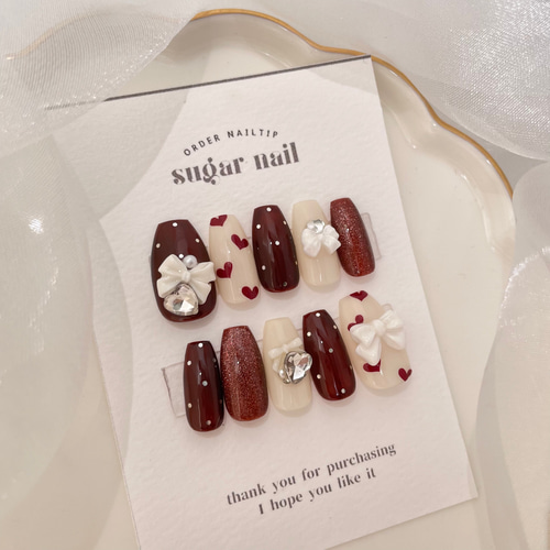 ネイルチップ 韓国ネイル リボンネイル ドット ワンホンネイル ハート