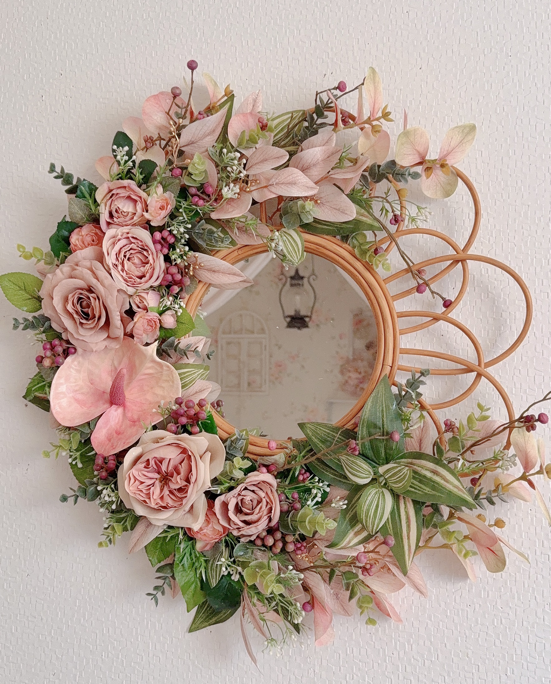 ❤️SALE❤️お花畑のクラシックアンティークラタンミラーアレンジ