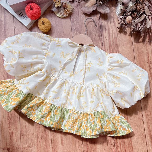 長袖ティアードプルオーバー♡コットンリネンシーチング　ミモザ　ナチュラル　80size 4枚目の画像