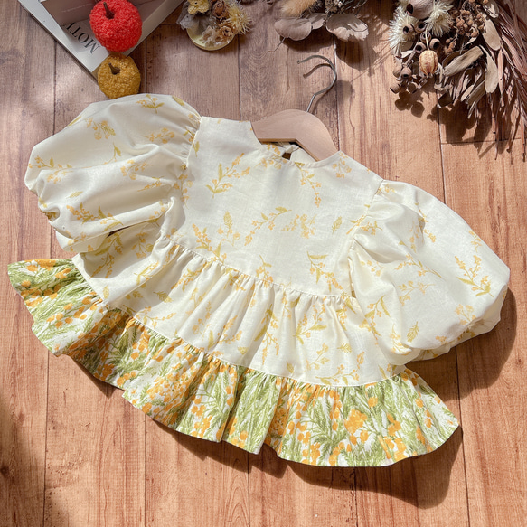 長袖ティアードプルオーバー♡コットンリネンシーチング　ミモザ　ナチュラル　80size 1枚目の画像