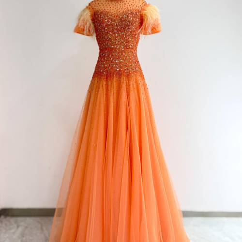 素敵 オレンジ色 イリュージョンネック カラードレス ビーズ キラキラ
