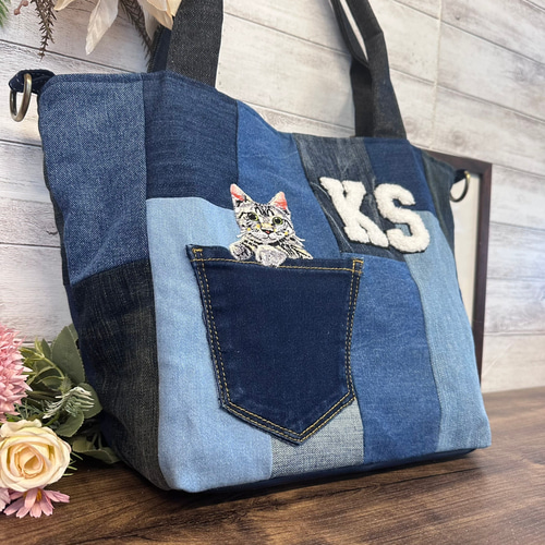 Mサイズ】 デニムトートバッグ 猫(アメリカンショートヘア)×ジーンズ