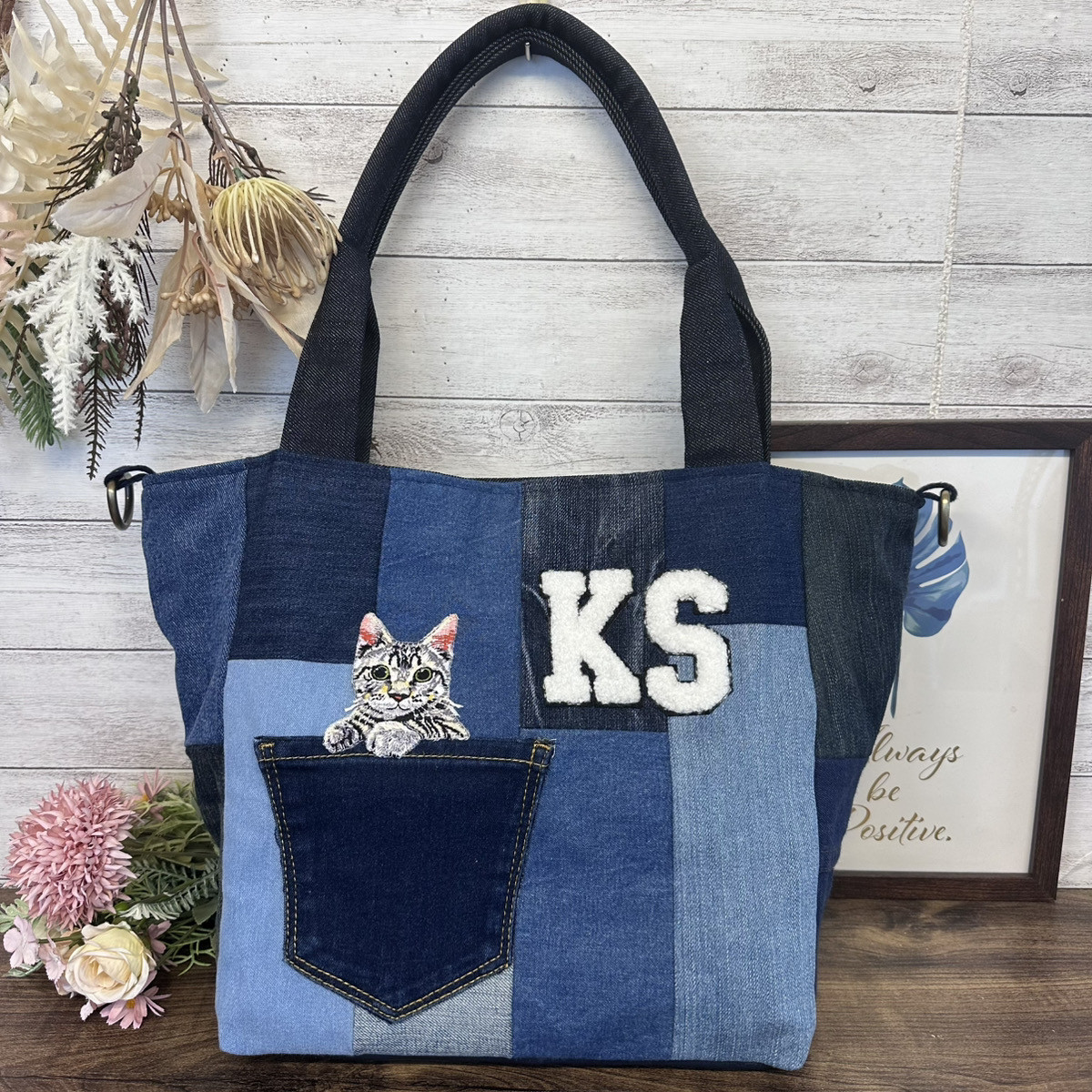 【Mサイズ】 デニムトートバッグ 猫(アメリカンショートヘア)×ジーンズ ハンドメイド レディース Dカン 4,565円