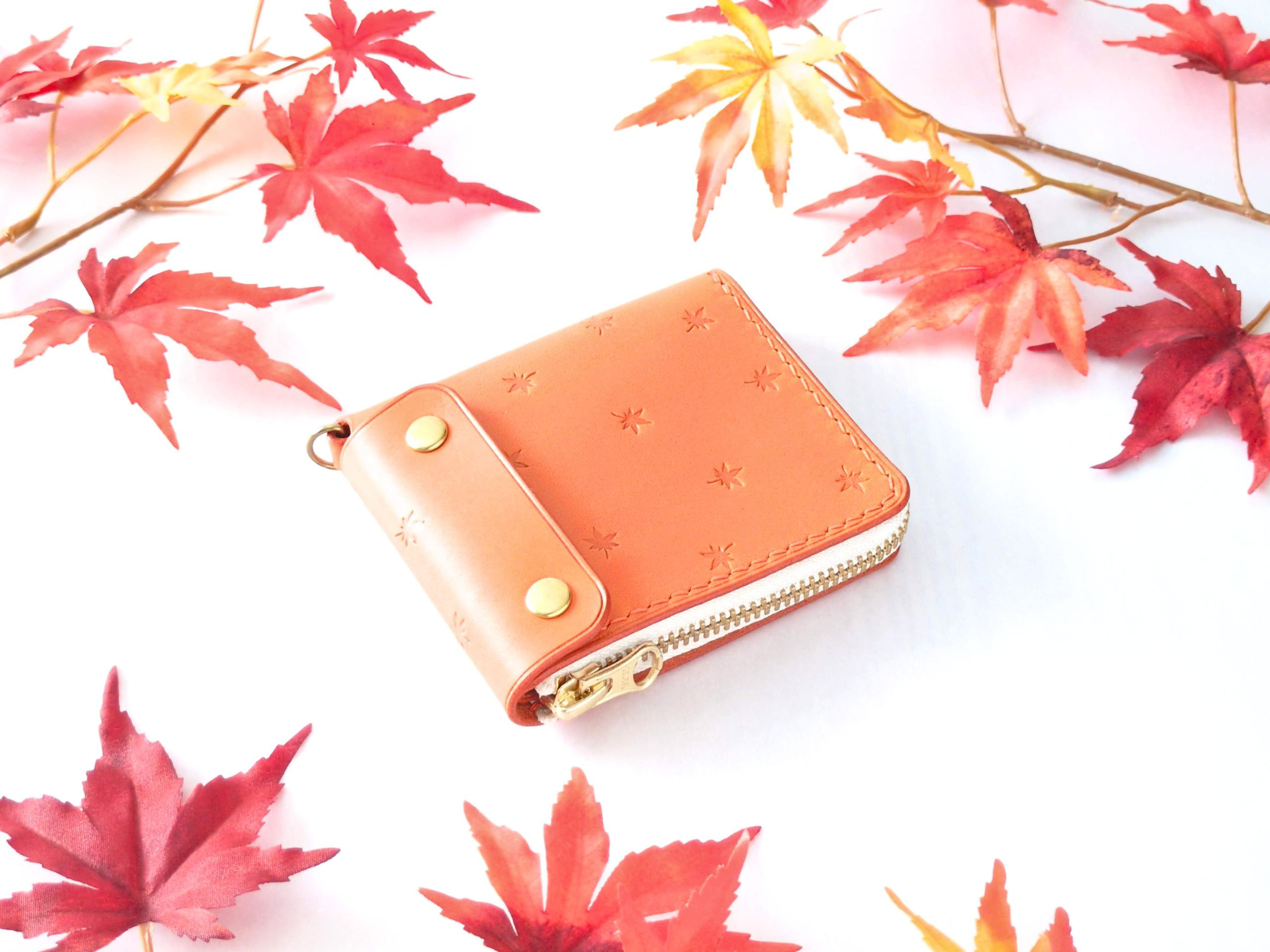 【もみじ柄】厚い革1枚のL字ファスナー財布 TUCSON/トゥクソン オレンジ イタリアンレザー *即納品