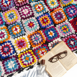 手作りウールかぎ針編みブランケット、織りソファタオル、キャンプ用