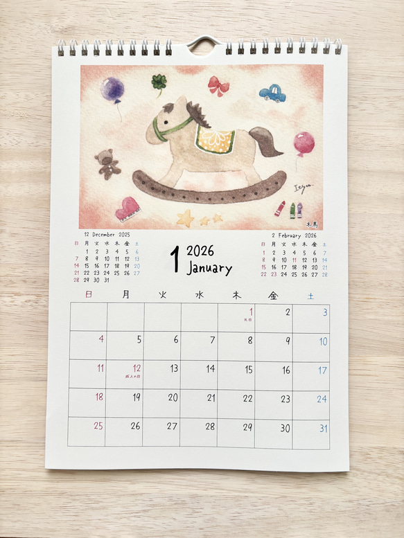 ★透明水彩画　2026年A4カレンダー(縦)  壁掛けカレンダー　午年　馬　猫　花　犬　ハロウィン　クリスマス 3枚目の画像