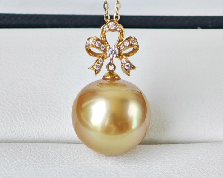 ルミナ13-14mm天然南洋ゴールドビーズペンダント、18Kゴールドネックレス、オリジナルカラー、最適化なし、強い光パール、エレ