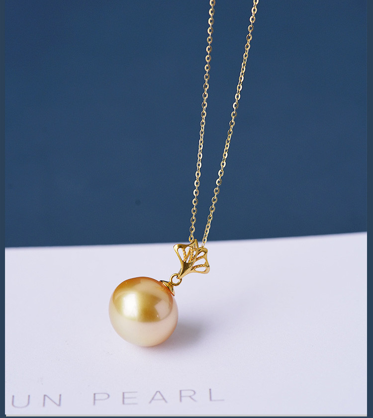 ルミナ 14-15mm 天然南洋ゴールドビーズペンダント 18Kゴールド イチョウの葉ネックレス 高輝度パール ファッショナブル