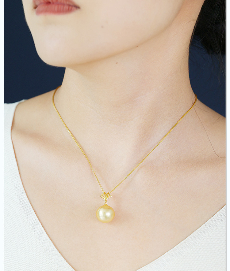 ルミナ 14-15mm 天然南洋ゴールドビーズペンダント 18Kゴールド イチョウの葉ネックレス 高輝度パール ファッショナブル