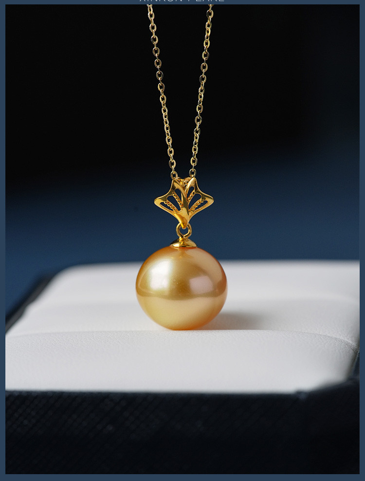 ルミナ 14-15mm 天然南洋ゴールドビーズペンダント 18Kゴールド イチョウの葉ネックレス 高輝度パール ファッショナブル