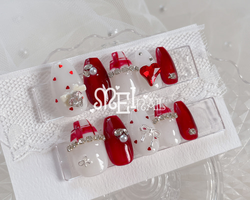 オーダーネイルチップ￤ 量産型 ガーリー チェック リボン ネイルチップ フレンチガーリー チェック 量産型 地雷 リボン