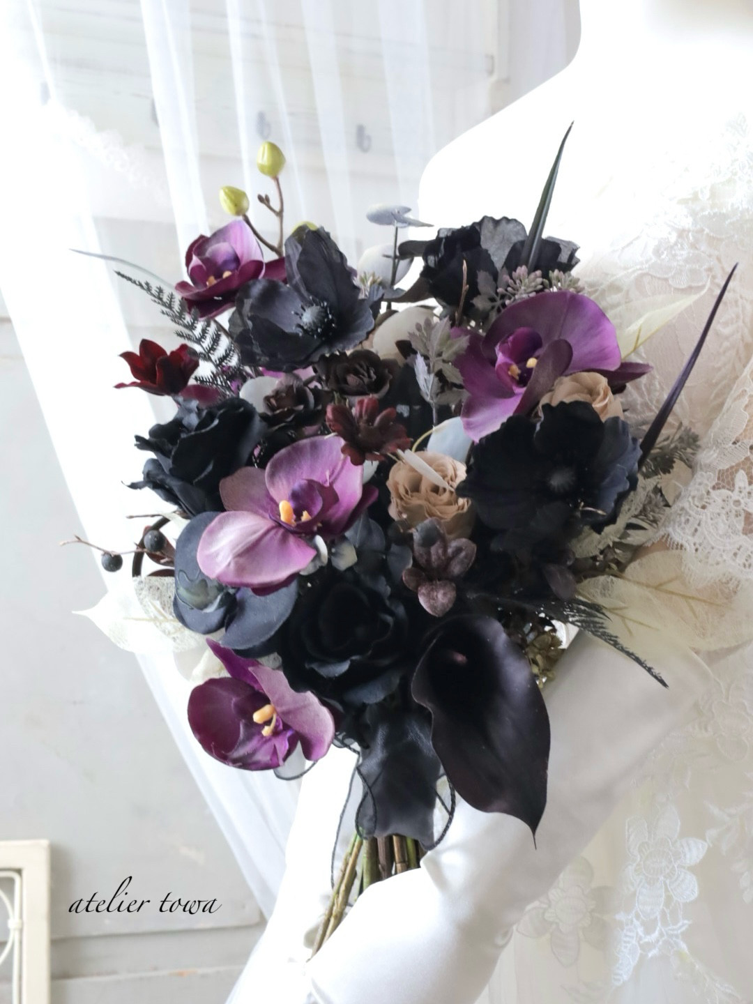 胡蝶蘭ブラックブーケ　ウェディングブーケ　ブートニアセット