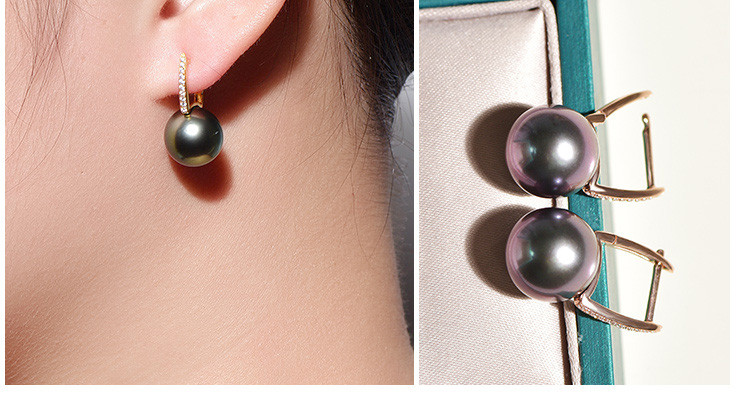 18Kゴールド製、12～13mmタヒチ産ブラックパールのルミナイヤリング。ピーコックグリーンの輝きを放つバケットデザイン。クラシ