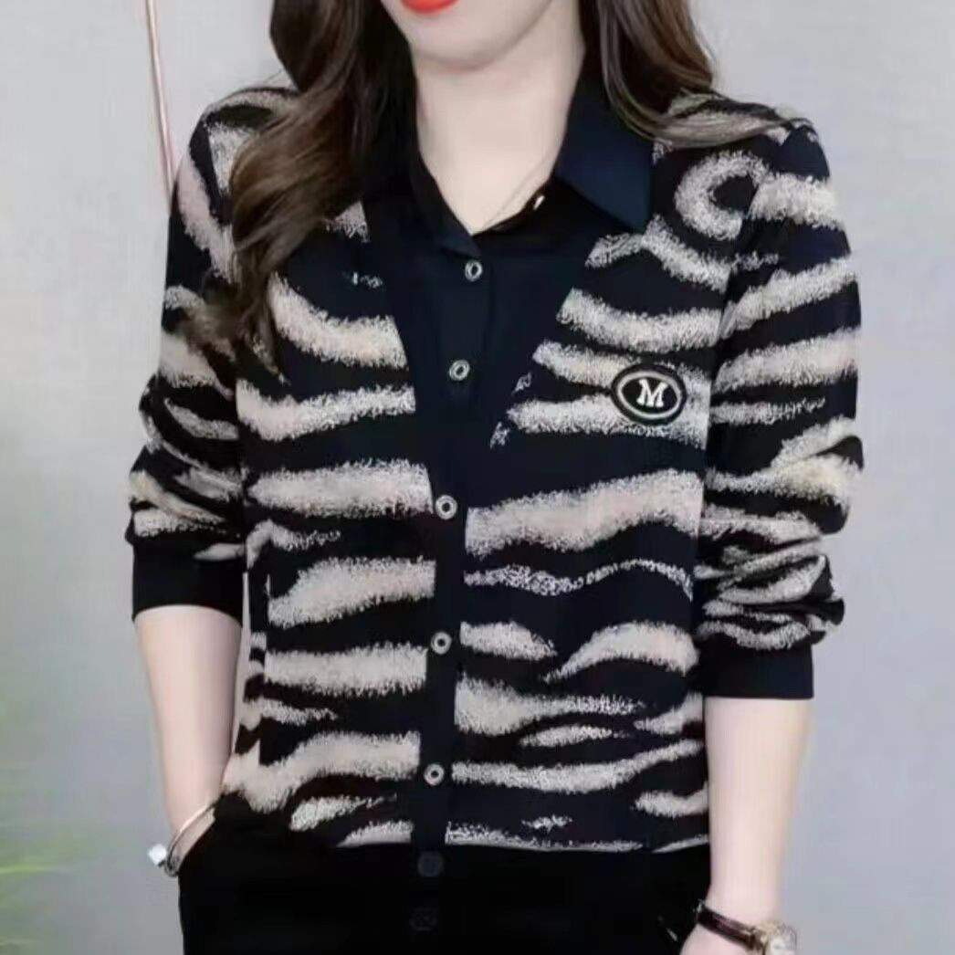 2025春秋装新モデル高級感偽2枚の長袖tシャツ女性のファッションをリードしてゆったりと見える腹隠しトップス