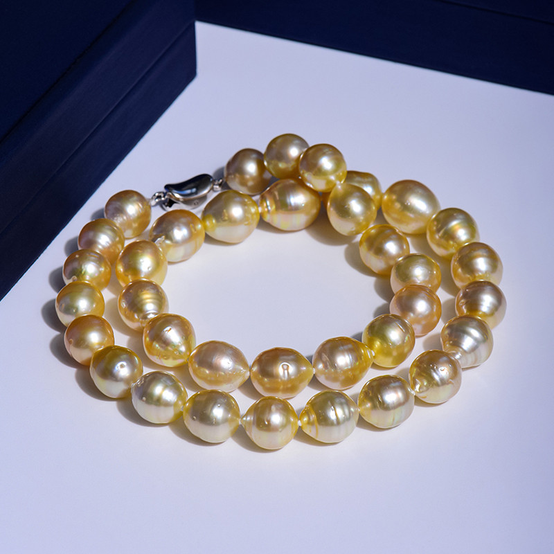 ルミナ 9-12mm 天然南洋ゴールドビーズネックレス 925シルバー バロックスレッドパールビーズ まばゆい光沢 ファッショナ