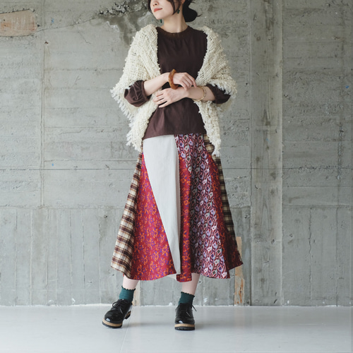新色】パッと華やか！ダカ織ミックス斜めパッチワークロングスカート
