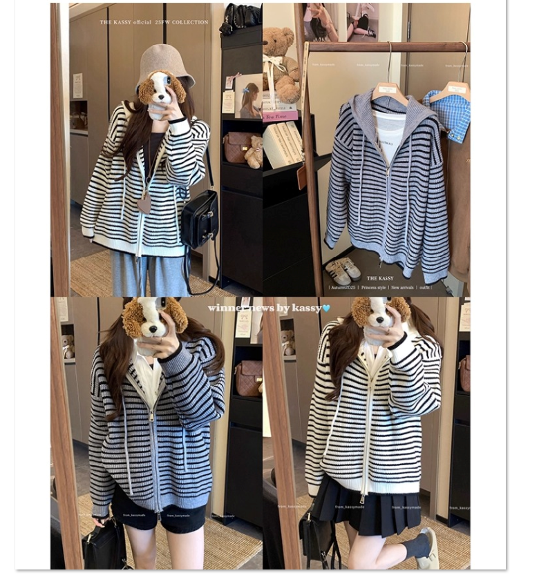 大きいヤードの韓版の縞の帽子のニットセーターの女性の服の2025新型の秋の太ったMMは肉を隠してやせて見えます百は上着を