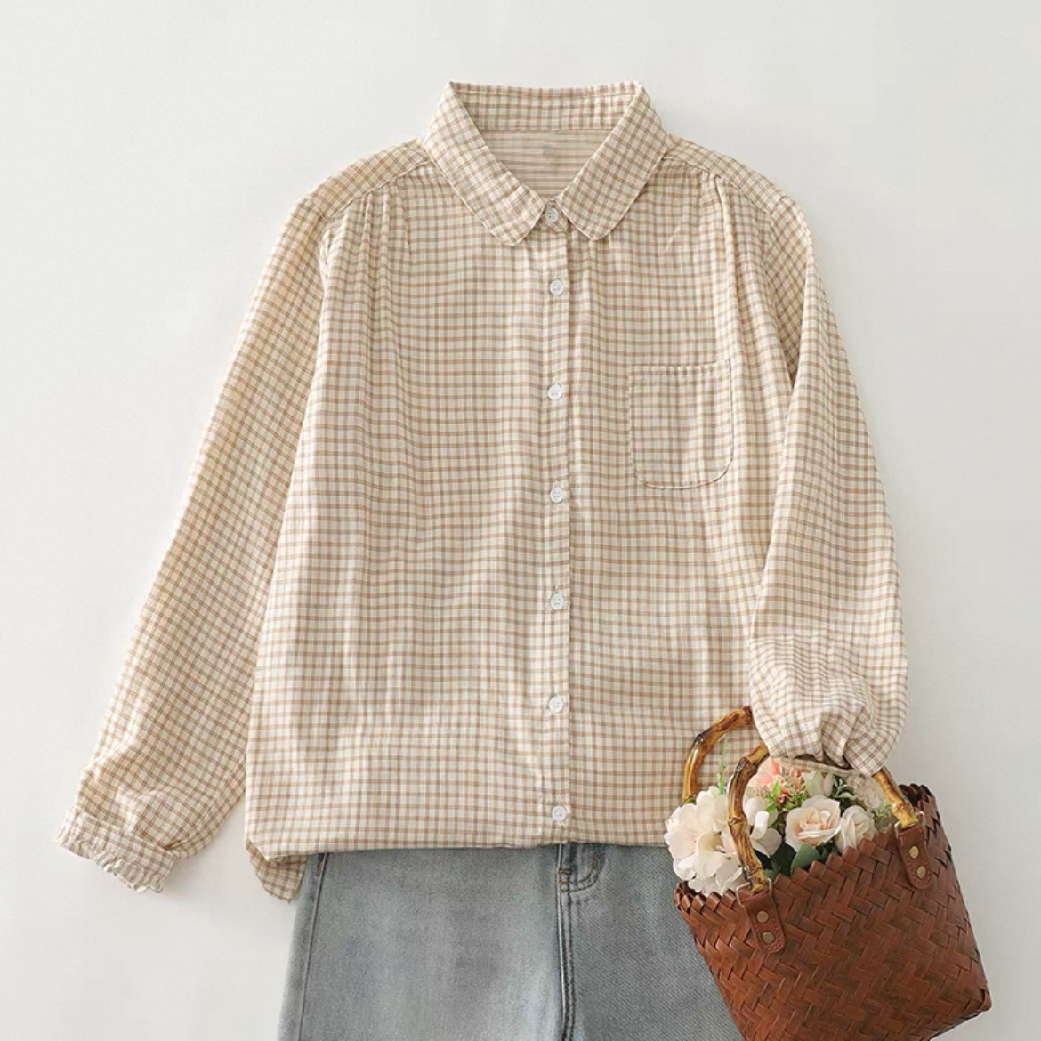 チェックトップス、秋のトップス、秋のシャツ、綿麻シャツ、綿麻トップス、長袖、大人カジュアルシャツ