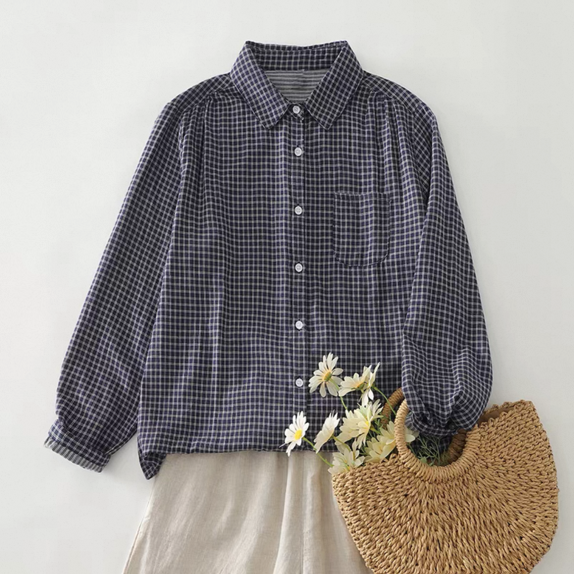 チェックトップス、秋のトップス、秋のシャツ、綿麻シャツ、綿麻トップス、長袖、大人カジュアルシャツ