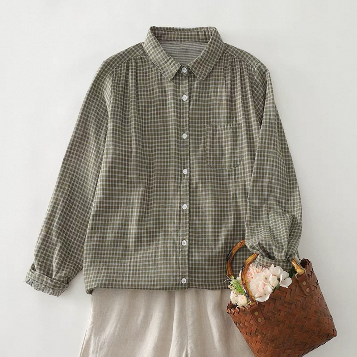 チェックトップス、秋のトップス、秋のシャツ、綿麻シャツ、綿麻トップス、長袖、大人カジュアルシャツ