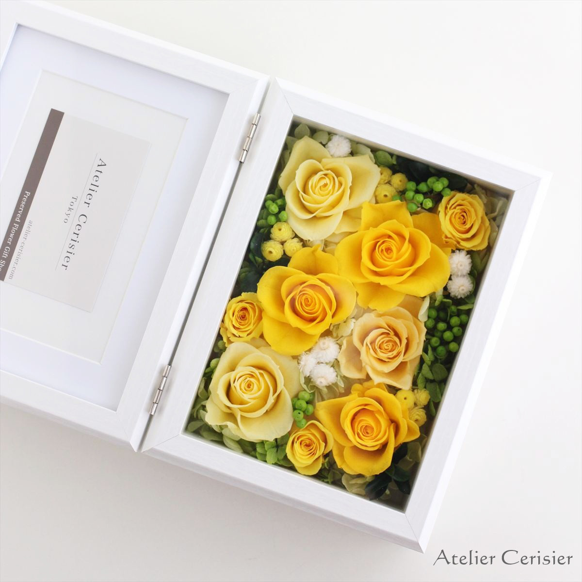 ☆フラワー フォトフレーム 木目調白 Ｌサイズ＜プリザーブドフラワー＞ イエロー
