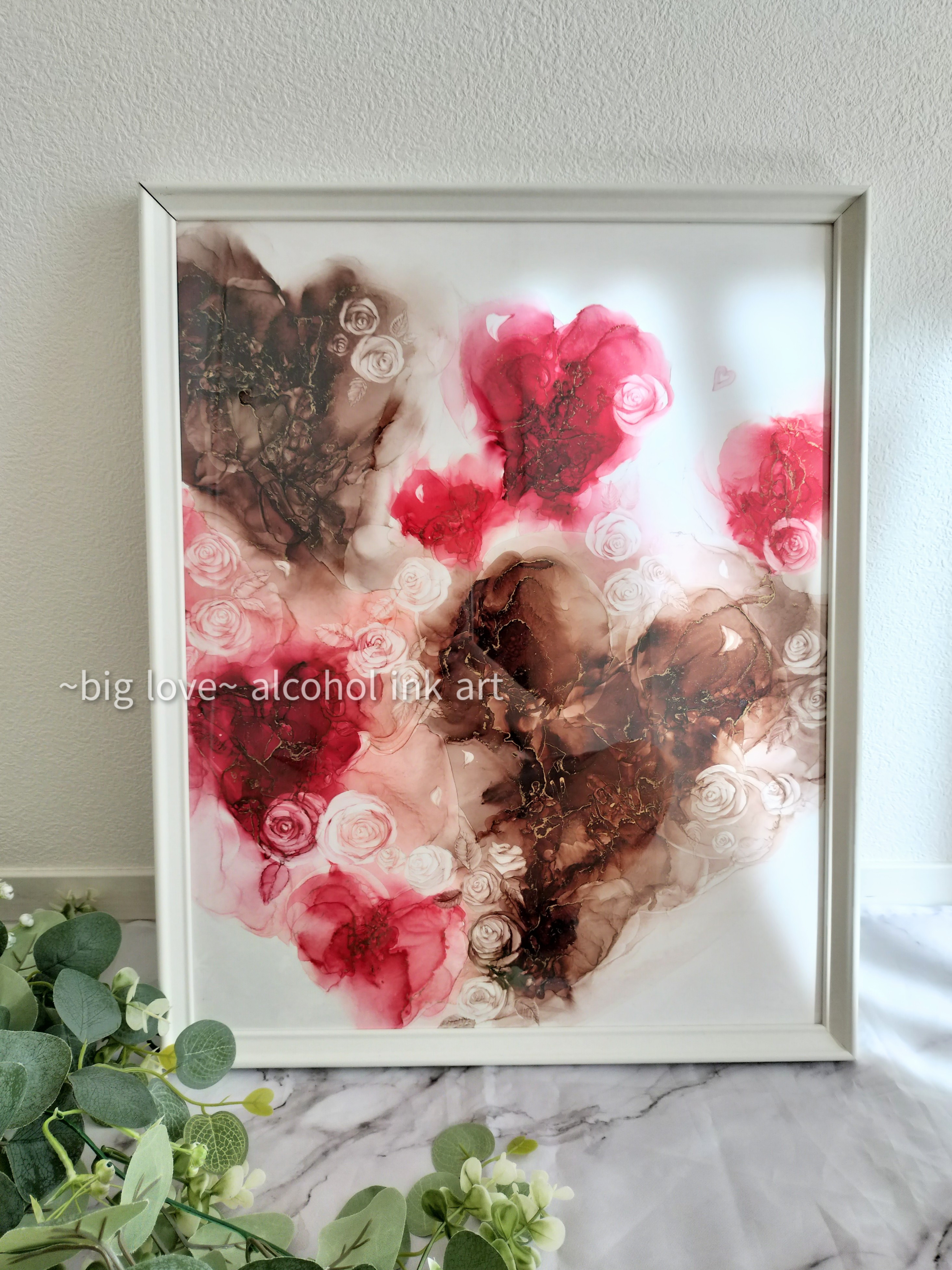 A2size 大きなアルコールインクアート フレーム 薔薇 ハート
