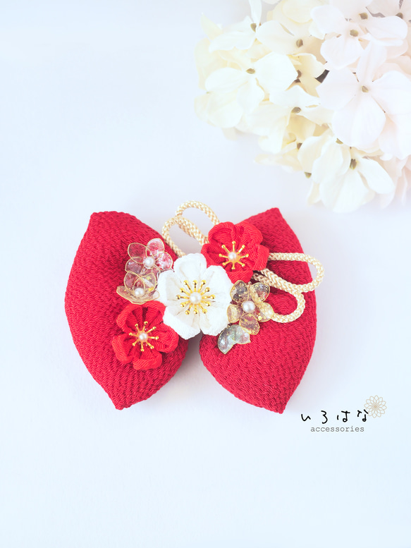 お花たっぷりリボンの髪飾り 七五三 ひな祭り つまみ細工 和風 洋風 赤