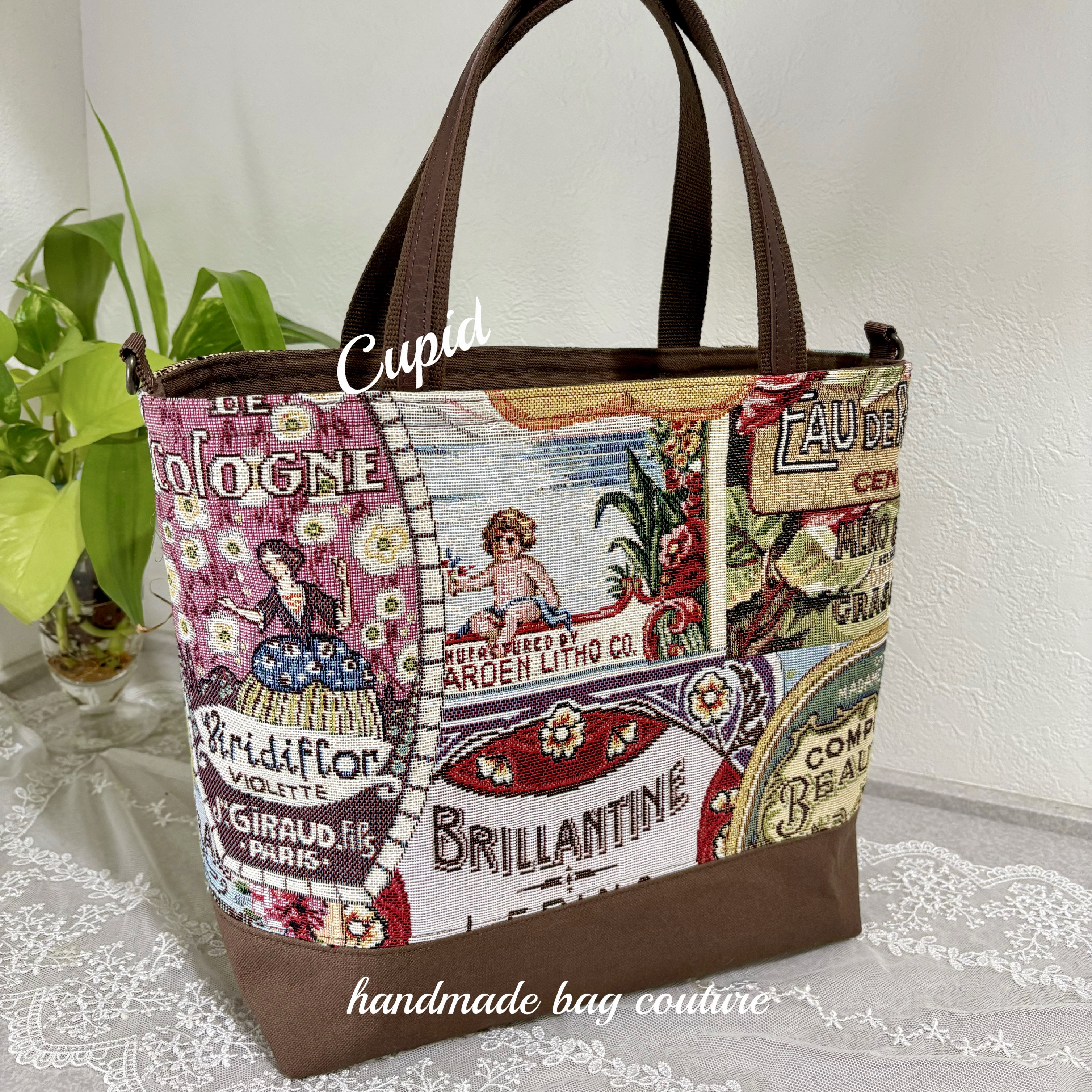 オランダ輸入　ラベル柄（花、天使）ゴブラン織り生地を使った切り替え2wayバッグ