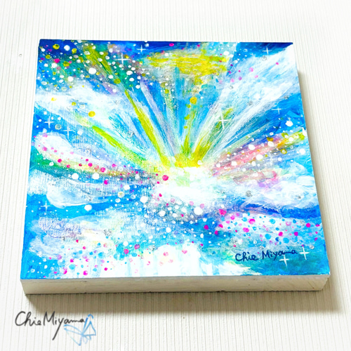 原画 抽象画 【空から届く虹色の光】空 虹色 光 ブルー 青 おしゃれ