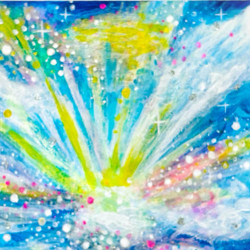 原画 抽象画 【空から届く虹色の光】空 虹色 光 ブルー 青 おしゃれ