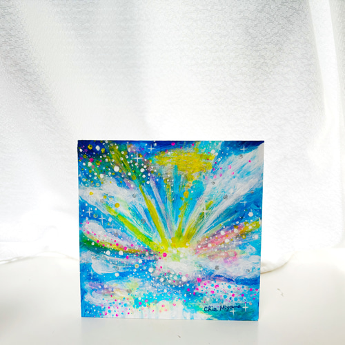 原画 抽象画 【空から届く虹色の光】空 虹色 光 ブルー 青 おしゃれ