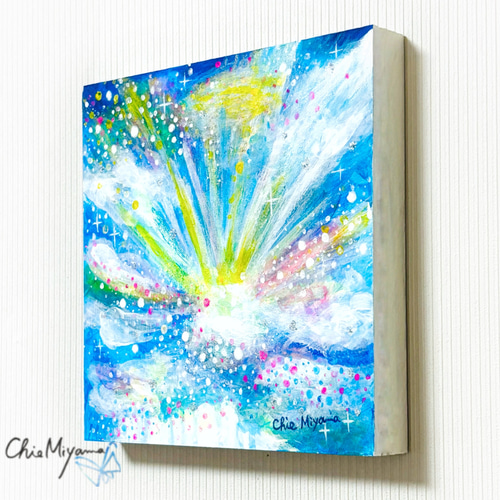 原画 抽象画 【空から届く虹色の光】空 虹色 光 ブルー 青 おしゃれ