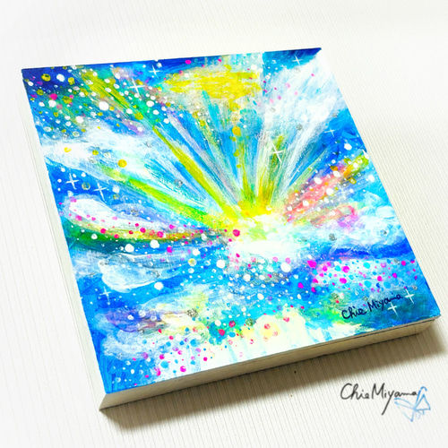 原画 抽象画 【空から届く虹色の光】空 虹色 光 ブルー 青 おしゃれ