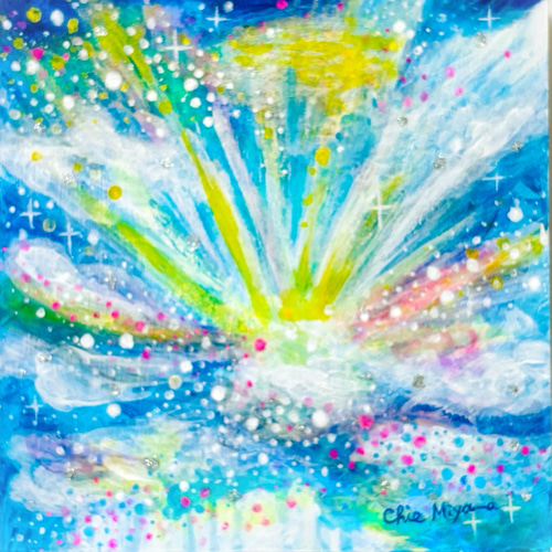 原画 抽象画 【空から届く虹色の光】空 虹色 光 ブルー 青 おしゃれ