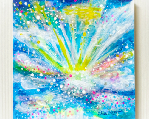 原画 抽象画 【空から届く虹色の光】空 虹色 光 ブルー 青 おしゃれ