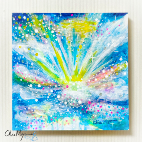 原画 抽象画 【空から届く虹色の光】空 虹色 光 ブルー 青 おしゃれ