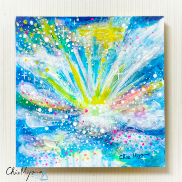 原画 抽象画 【空から届く虹色の光】空 虹色 光 ブルー 青 おしゃれ