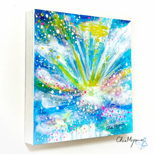 原画 抽象画 【空から届く虹色の光】空 虹色 光 ブルー 青 おしゃれ