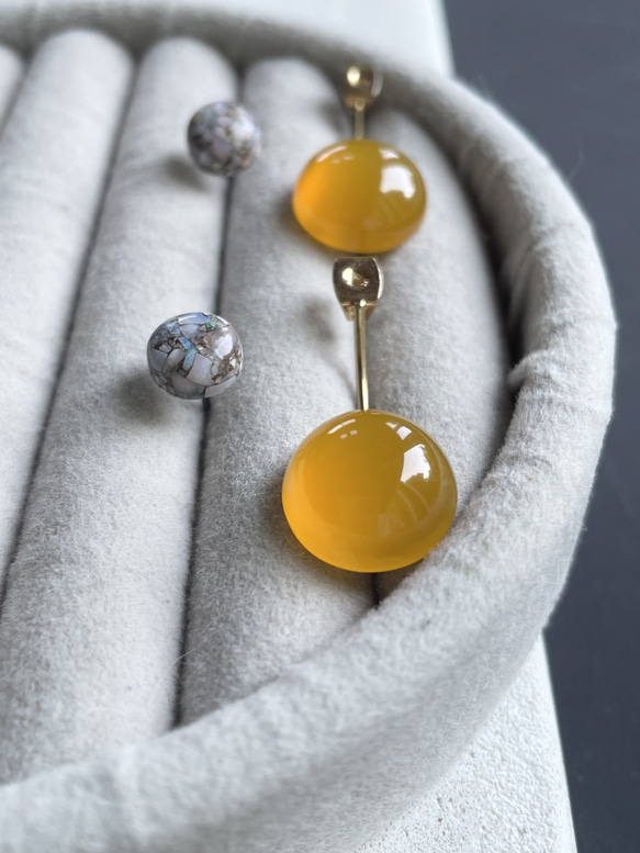 【控えめな華やかさ】数量限定　Soléa（ソレア）｜天然石2wayピアス　カルセドニー×コッパーオパール　秋ピアス 12枚目の画像