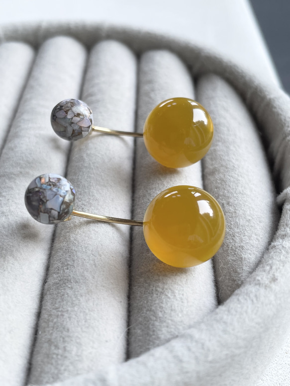 【控えめな華やかさ】数量限定　Soléa（ソレア）｜天然石2wayピアス　カルセドニー×コッパーオパール　秋ピアス 11枚目の画像