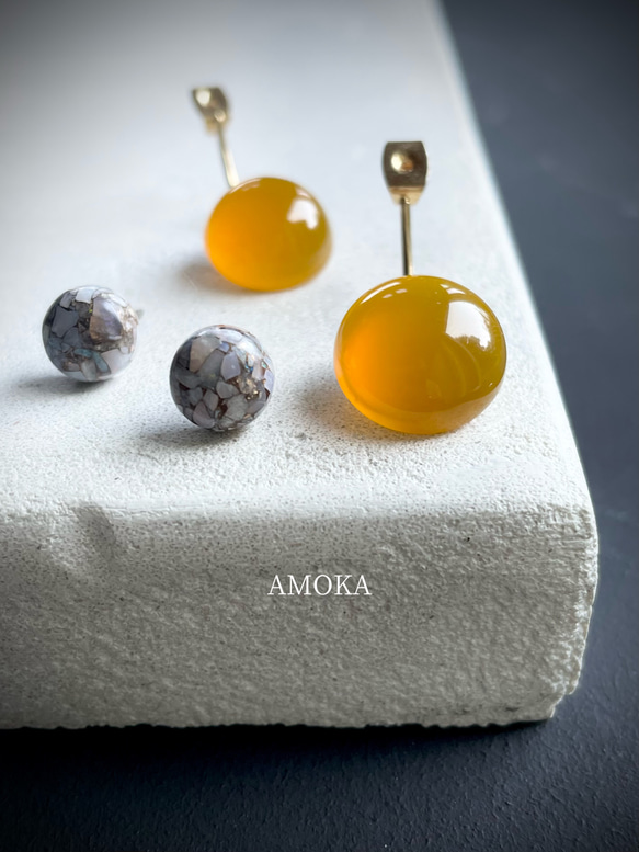 【控えめな華やかさ】数量限定　Soléa（ソレア）｜天然石2wayピアス　カルセドニー×コッパーオパール　秋ピアス 2枚目の画像