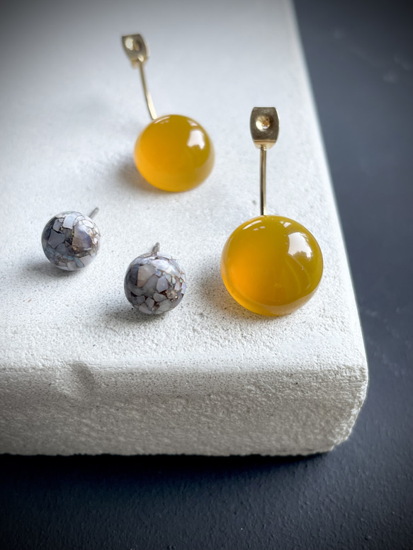 【控えめな華やかさ】数量限定　Soléa（ソレア）｜天然石2wayピアス　カルセドニー×コッパーオパール　秋ピアス 7枚目の画像