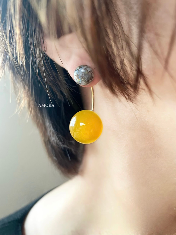 【控えめな華やかさ】数量限定　Soléa（ソレア）｜天然石2wayピアス　カルセドニー×コッパーオパール　秋ピアス 1枚目の画像