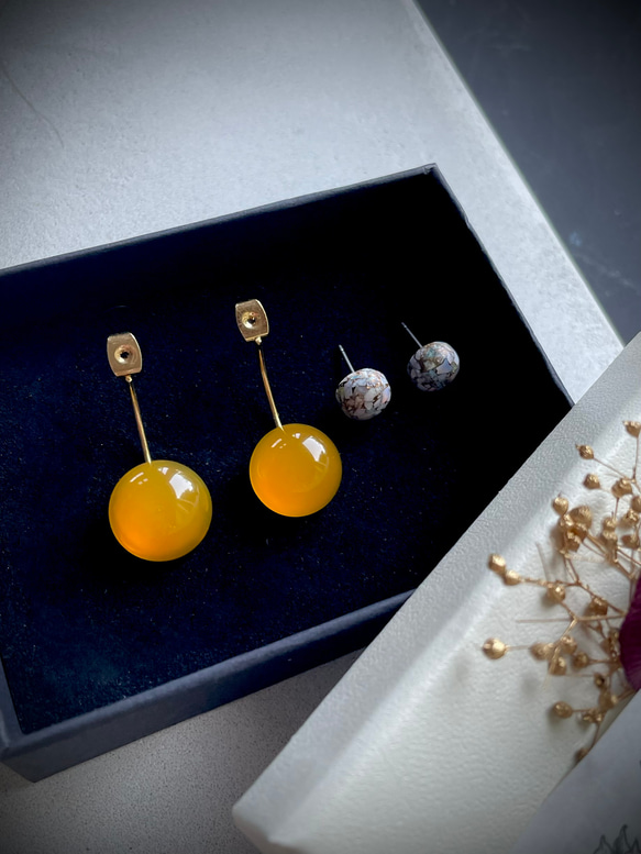 【控えめな華やかさ】数量限定　Soléa（ソレア）｜天然石2wayピアス　カルセドニー×コッパーオパール　秋ピアス 15枚目の画像